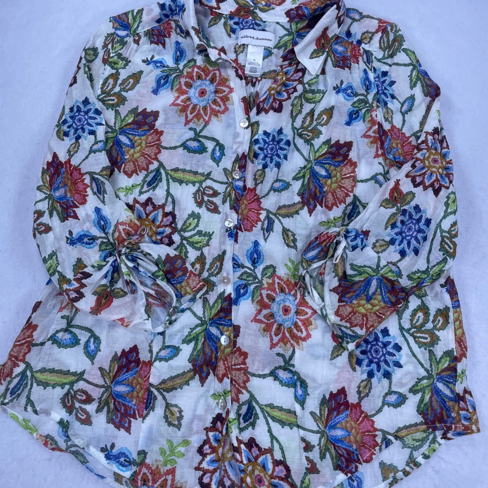 Floral Block Print Linen Blend Button Front Tie Sleeve Blouse White Multi